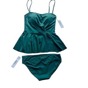 Nicole Miller swimsuit bandeau peplum cross front tankini bikini green size L